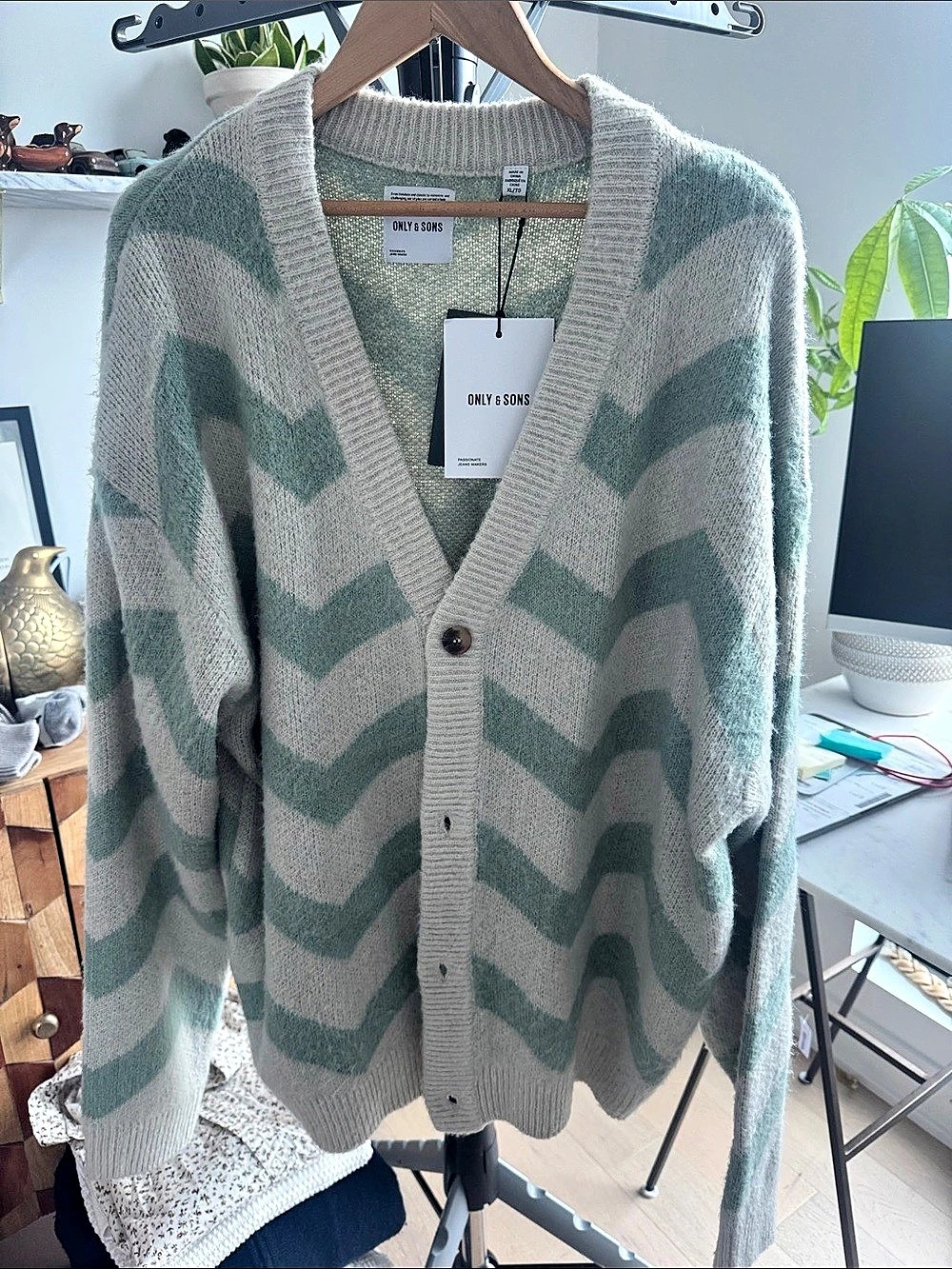 Only & Sons Abstract Cardigan in Green & Cream XL NWT
